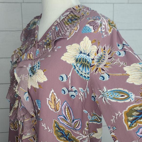 Chicos Top Blouse Mauve Paisley Floral 1 Med Purple Blue Jacobean Bouquet Ruffle - Picture 6 of 12